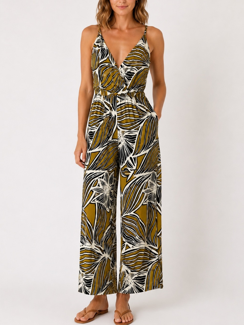 Sienna Sky Tropical Palm Print Wide Leg Jumpsuit Yellow Black Size M
